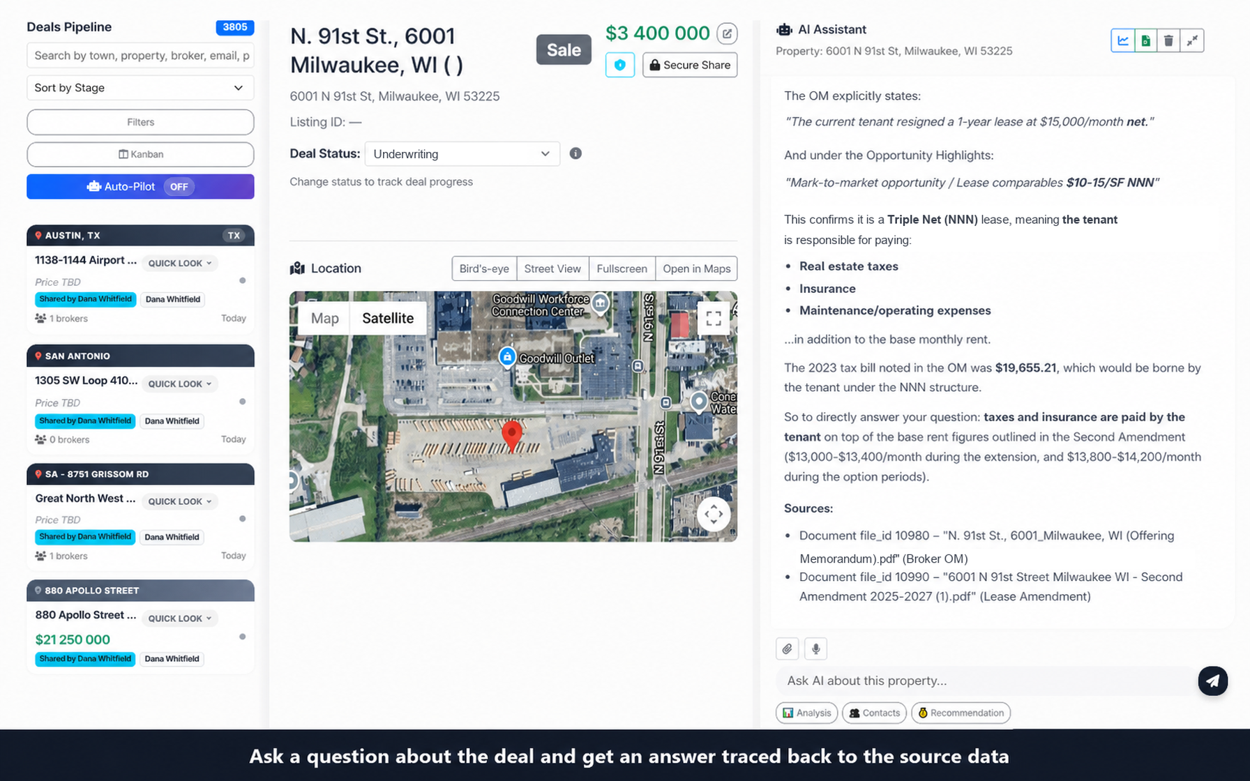 CRE Pipeline deal chat answer with a Sources block naming the offering memorandum file