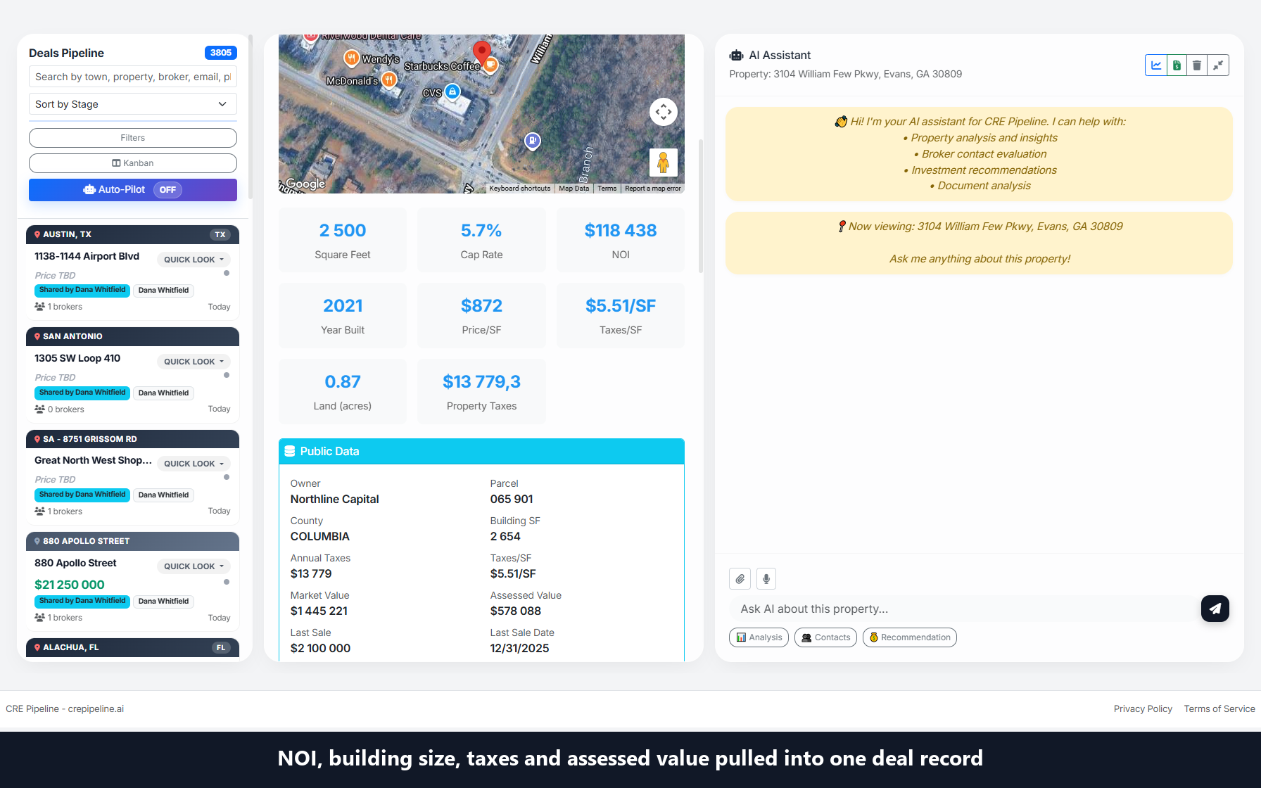 CRE Pipeline deal record with price, NOI, cap rate and building size fields